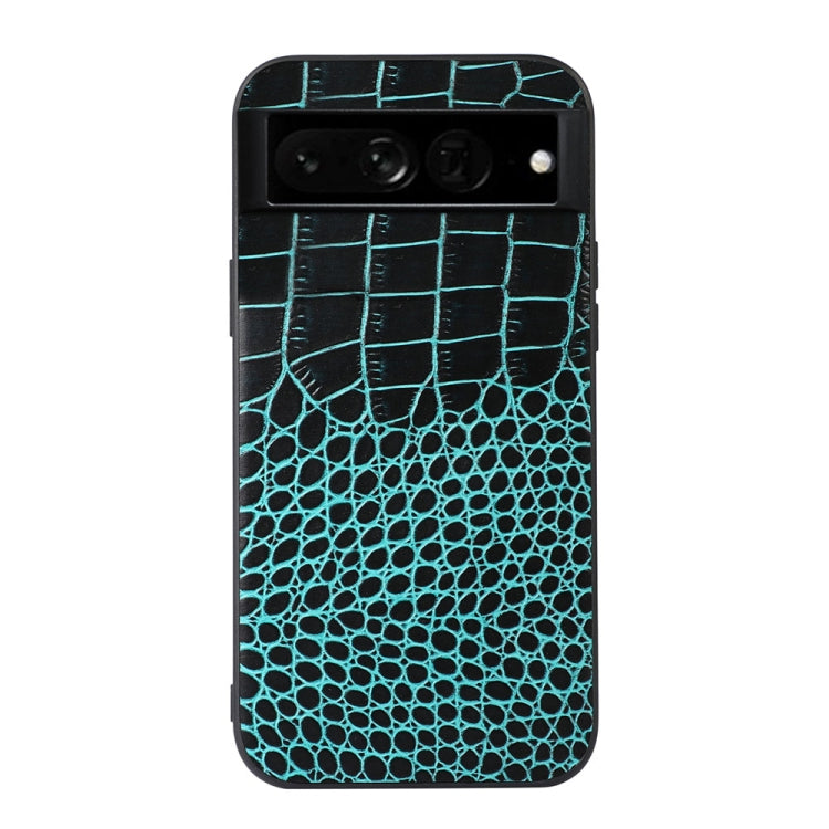 Cyan crocodile-texture leather phone case with camera cutouts and flash opening