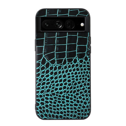 Cyan crocodile-texture leather phone case with camera cutouts and flash opening