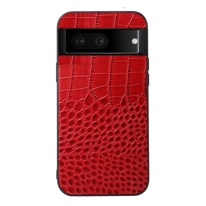 Red crocodile-texture leather phone case, rear camera cutouts and raised edge