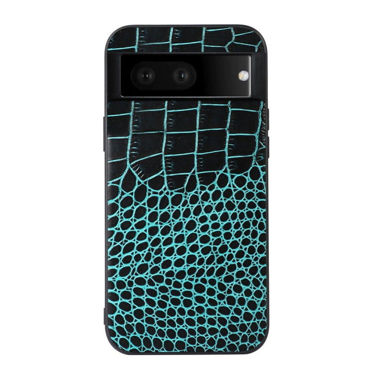Crocodile-pattern leather phone case in black with teal mesh texture and camera cutouts