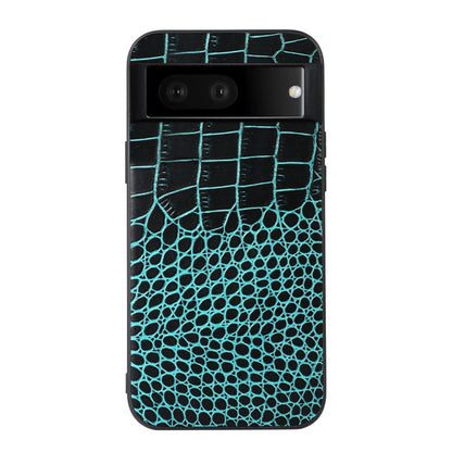 Crocodile-pattern leather phone case in black with teal mesh texture and camera cutouts