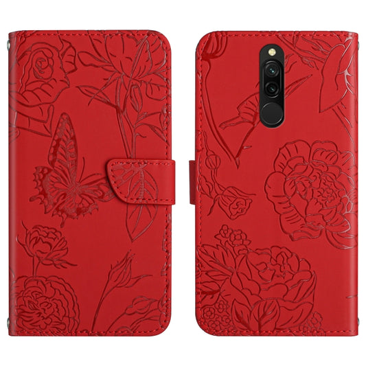 Red embossed butterfly and peony leather wallet phone case with magnetic flap