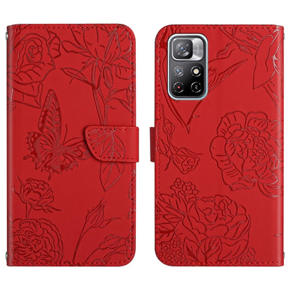 Red embossed leather phone case with butterfly and peony floral pattern, flip cover