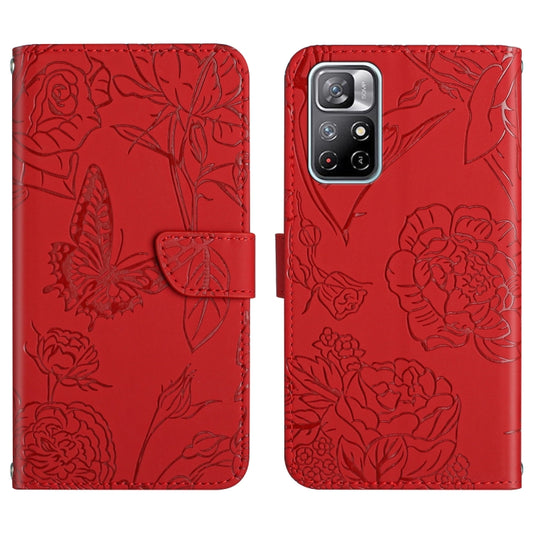 Red embossed leather phone case with butterfly and peony floral pattern, flip cover