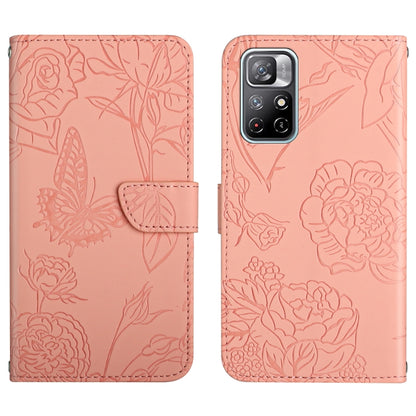 Pink embossed leather phone case with butterfly and peony floral pattern, flip cover