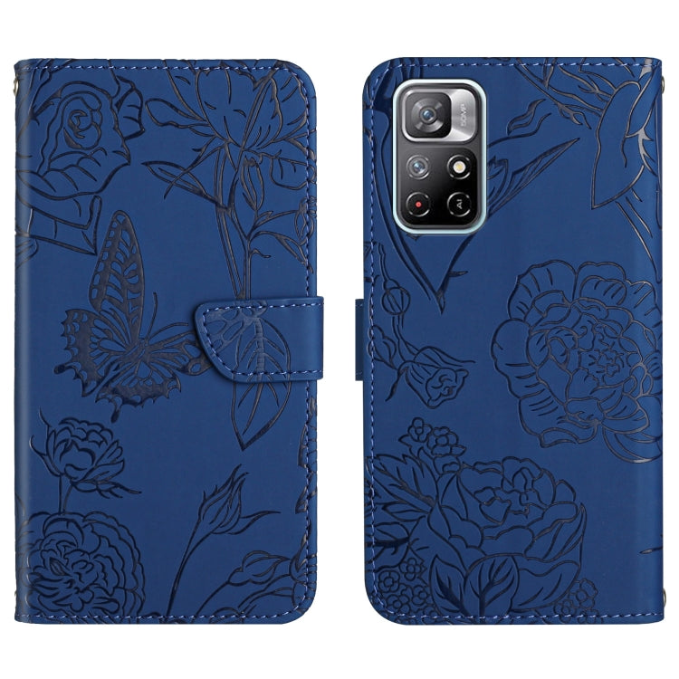 Blue embossed leather phone case with butterfly and peony floral pattern, flip cover