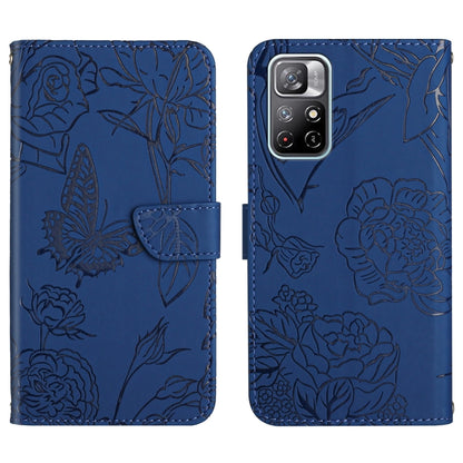Blue embossed leather phone case with butterfly and peony floral pattern, flip cover