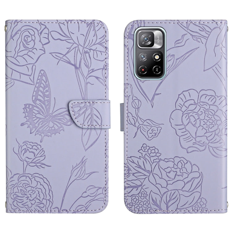 Purple embossed leather phone case with butterfly and peony floral pattern, flip cover