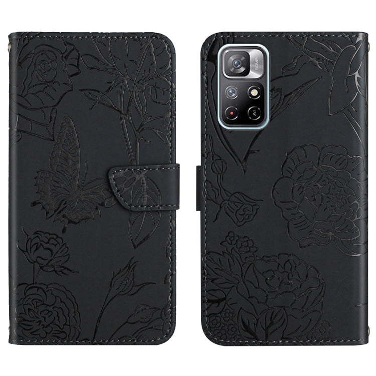 Black embossed leather phone wallet case with floral butterfly pattern, flip cover, card slot