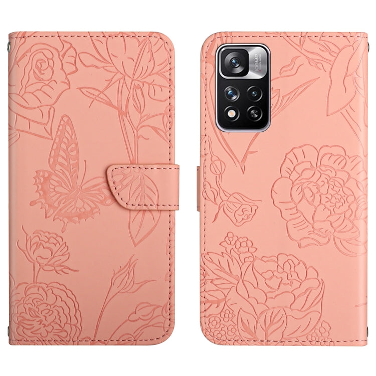 Pink embossed leather phone wallet case with floral butterfly pattern, flip cover, card slot