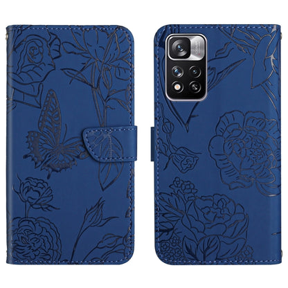 Blue embossed leather phone wallet case with floral butterfly pattern, flip cover, card slot