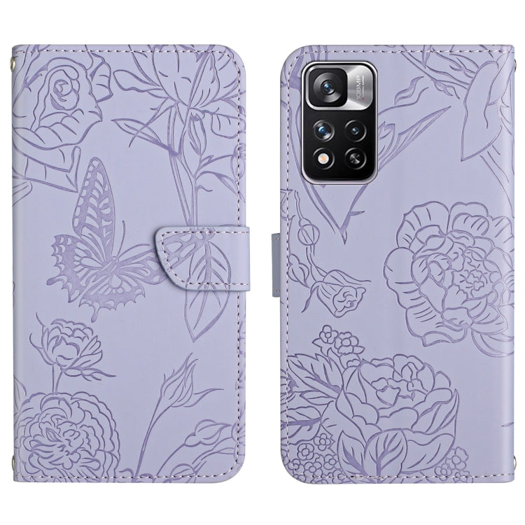 Purple embossed leather phone wallet case with floral butterfly pattern, flip cover, card slot
