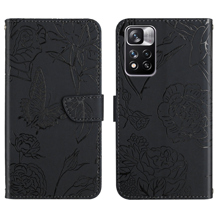 Black embossed leather phone case with butterfly and peony pattern; front flap and back camera cutout