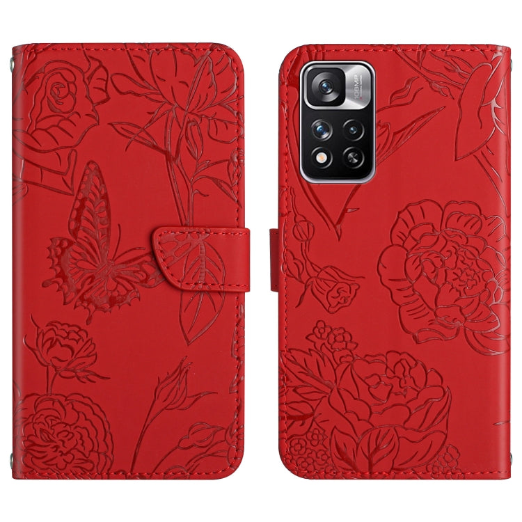 Red embossed leather phone case with butterfly and peony pattern; front flap and back camera cutout
