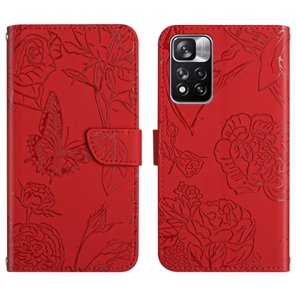 Red embossed leather phone case with butterfly and peony pattern; front flap and back camera cutout