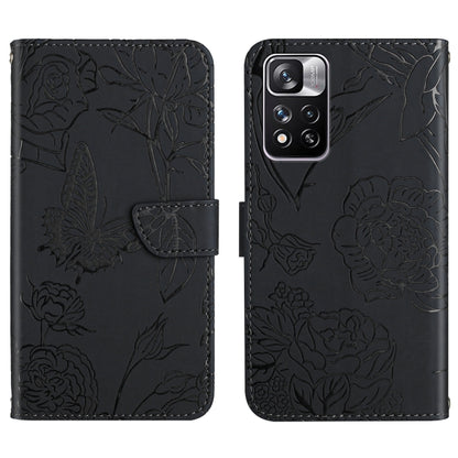 Black embossed leather wallet-style phone case with butterfly and peony pattern; flap front