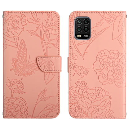 Pink embossed leather wallet-style phone case with butterfly and peony pattern; flap front