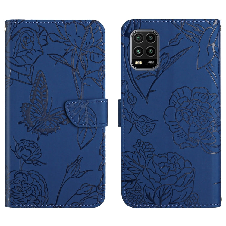 Blue embossed leather wallet-style phone case with butterfly and peony pattern; flap front