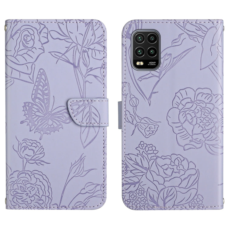 Purple embossed leather wallet-style phone case with butterfly and peony pattern; flap front