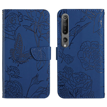 Blue flip phone case with embossed butterfly and peony floral pattern, front flap