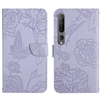 Purple flip phone case with embossed butterfly and peony floral pattern, front flap
