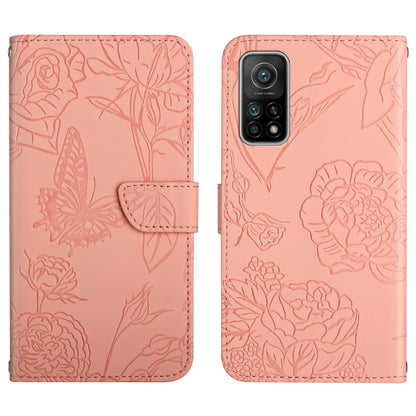 Pink flip phone case with embossed butterfly and peony floral pattern, camera cutouts