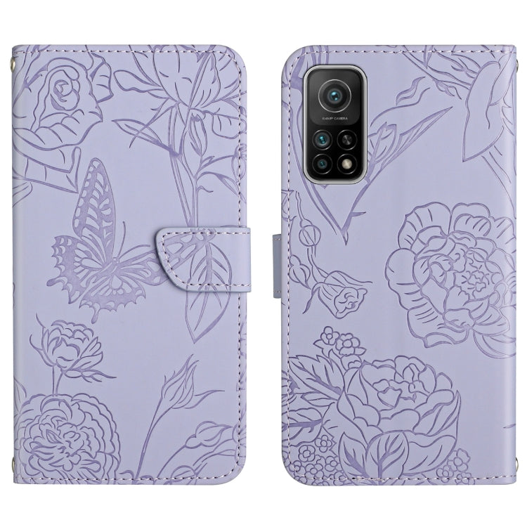 Purple flip phone case with embossed butterfly and peony floral pattern, camera cutouts