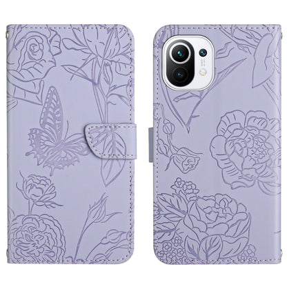 Purple wallet-style embossed leather phone case with butterfly and peony floral pattern