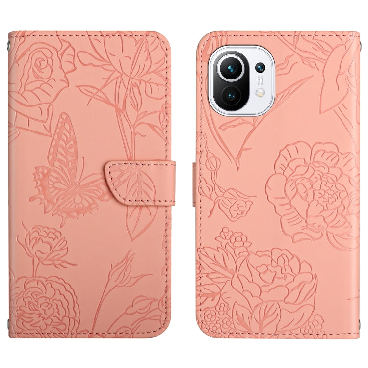 Pink embossed leather phone case with butterfly and peony design and card-slot flap