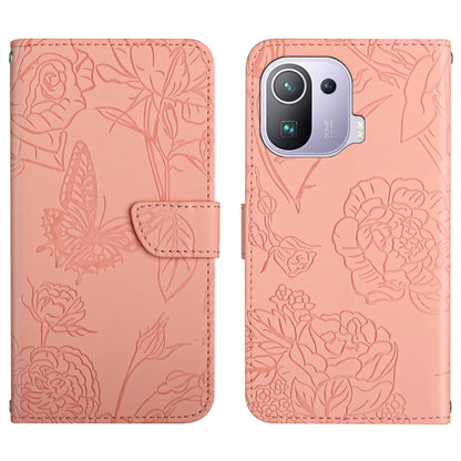 Pink embossed leather-style folio phone case with butterfly and peony pattern, flap and pocket