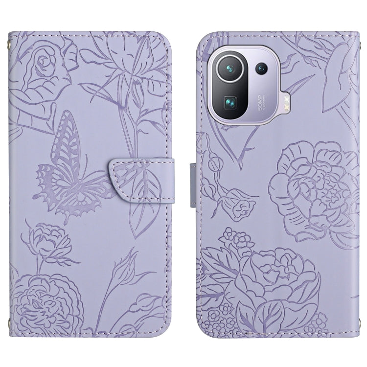 Lavender embossed leather-style folio phone case with butterfly and peony pattern, flap and pocket