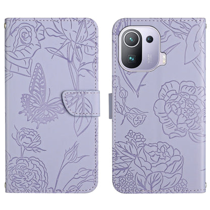 Lavender embossed leather-style folio phone case with butterfly and peony pattern, flap and pocket