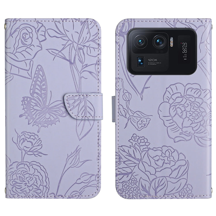 Lavender embossed leather-style folio phone case with butterfly and peony pattern and camera cutout