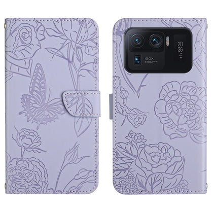 Lavender embossed leather-style folio phone case with butterfly and peony pattern and camera cutout