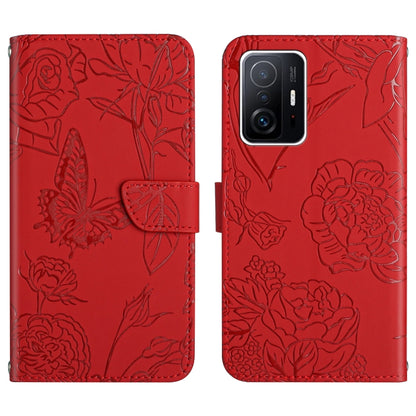 Red embossed floral/butterfly folio phone case with front flap and card slot
