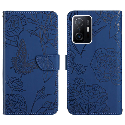 Blue embossed floral/butterfly folio phone case with front flap and card slot