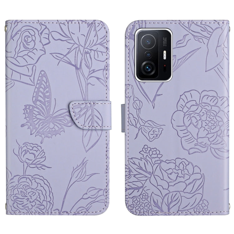 Purple embossed floral/butterfly folio phone case with front flap and card slot