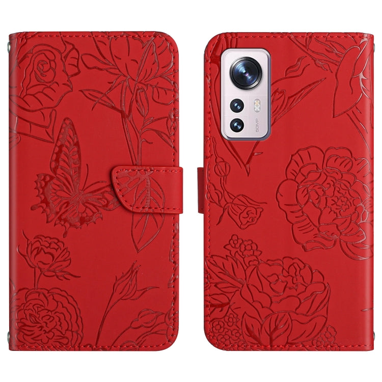 Red embossed floral/butterfly folio phone case with camera cutout