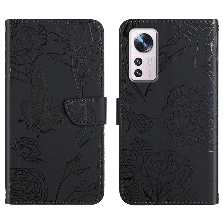 Black embossed floral butterfly phone wallet case with card slot and magnetic clasp