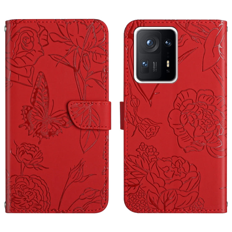 Red embossed floral butterfly phone wallet case with card slot and magnetic clasp