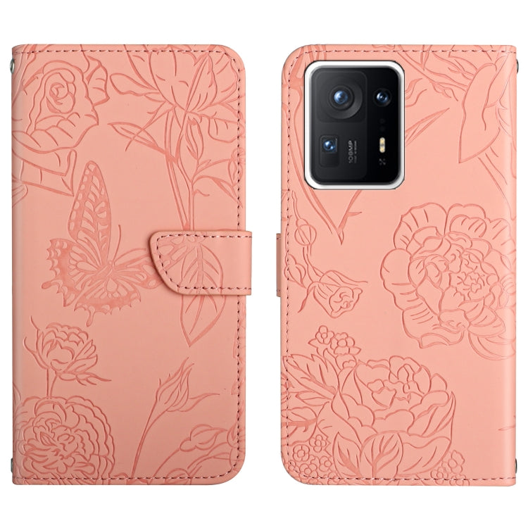 Pink embossed floral butterfly phone wallet case with card slot and magnetic clasp