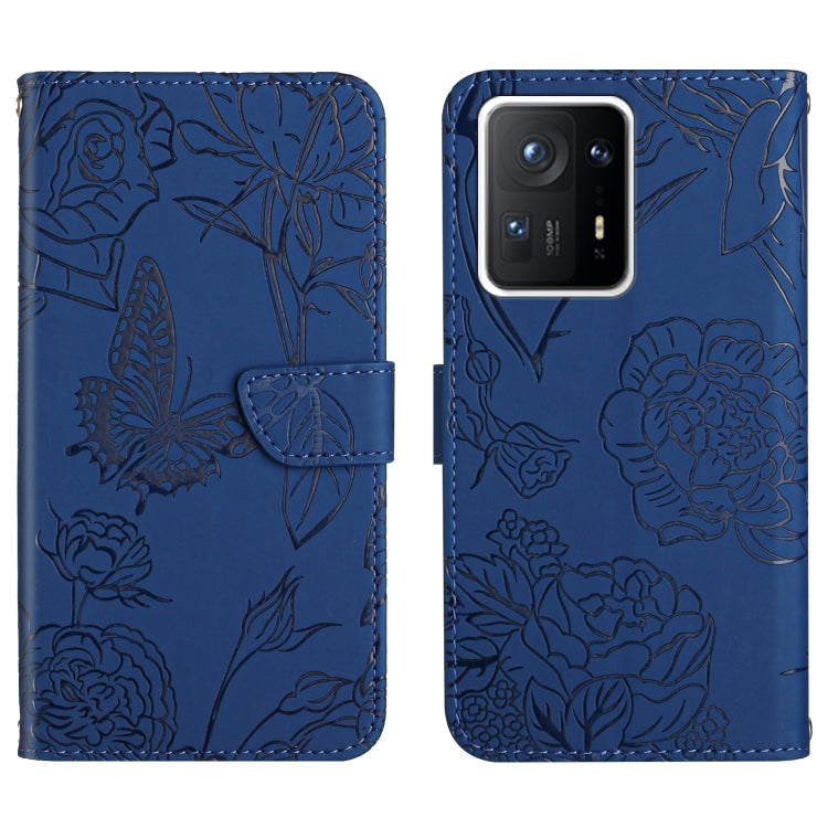 Blue embossed floral butterfly phone wallet case with card slot and magnetic clasp