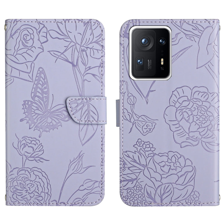 Purple embossed floral butterfly phone wallet case with card slot and magnetic clasp