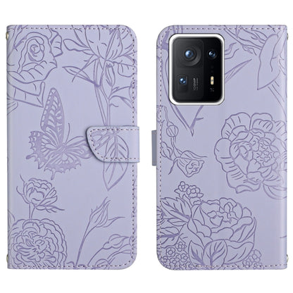 Purple embossed floral butterfly phone wallet case with card slot and magnetic clasp