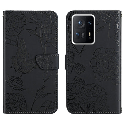 Black embossed floral butterfly phone wallet case with cutouts for camera and ports