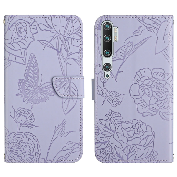 Lavender embossed leather folio phone case with butterfly peony floral pattern and flip strap.
