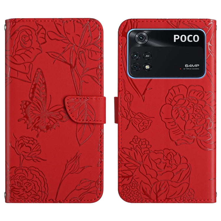 Red embossed leather folio phone case with floral butterfly relief and camera cutouts.