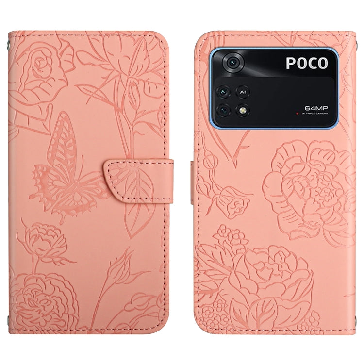 Pink embossed leather folio phone case with floral butterfly relief and camera cutouts.