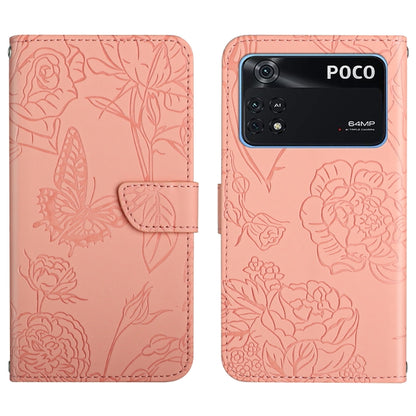Pink embossed leather folio phone case with floral butterfly relief and camera cutouts.