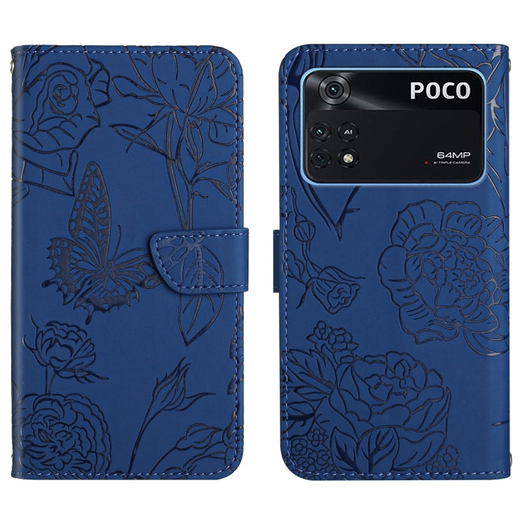 Blue embossed leather folio phone case with floral butterfly relief and camera cutouts.